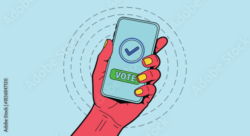 Hand holding smartphone showing a confirmed vote, representing digital participation in elections.