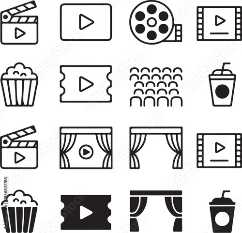 Hand-drawn movie and cinema vector set, film reels, tickets, popcorn, and theater elements, black and white illustrations