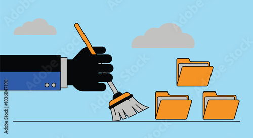 Hand cleaning digital clutter with a broom, organizing files for efficiency.