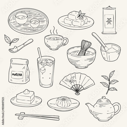 Hand-drawn matcha set: traditional Japanese tea ceremony. Includes powder bag, iced and hot tea, whisk, teapot, mochi, cake, chopsticks, and fan. Outline vector.