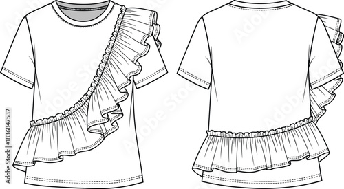 Girls asymmetric ruffle top fashion flat sketch with gathered details, short sleeve stylish kidswear design template, cad drawing flat vector illustration
