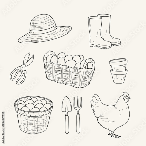 Hand-drawn line art set: farm and garden essentials. Includes eggs, chicken, straw hat, boots, shears, trowel, and pots. Ideal for coloring books, rustic logos, and organic designs.