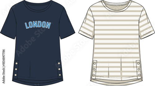 Modern women’s t-shirt fashion design featuring London graphic and striped pattern details in stylish apparel mockup, cad drawing flat vector illustration