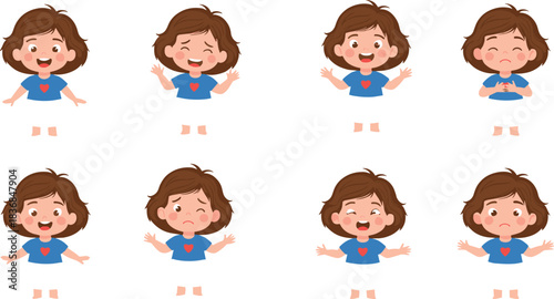 Cartoon child facial expressions set showing emotions like happy, sad, surprised, angry, confused, ideal for education and psychology