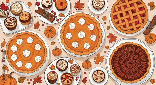 Overhead view of assorted pies and cupcakes on a table with autumnal decorations, including pumpkins and leaves, in a warm color palette.