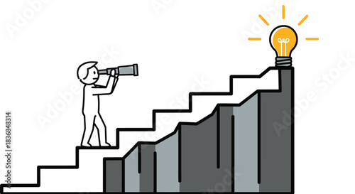 Person climbing stairs with telescope, seeking a bright idea at the top.