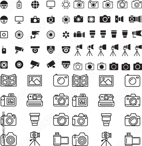 Collection of Photography and Camera Icons for Creative Projects, Vector Style, Camera Lenses, Flash, Tripod, Security Camera