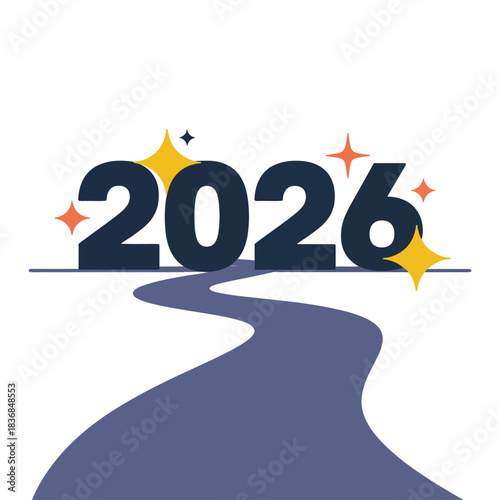 New Year 2026 road ahead concept, winding path to goals, star accents, motivational greeting vector illustration