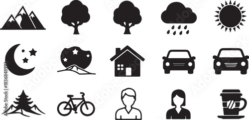 Collection of nature and transportation icons mountain
