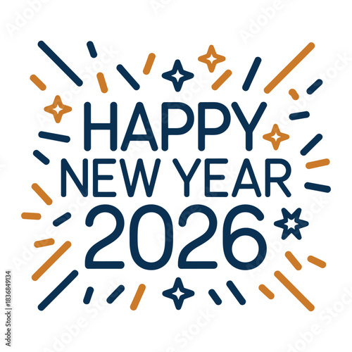 Happy new year 2026, blue line fireworks, star sparkles around type, trendy celebration typography, cheerful holiday vector