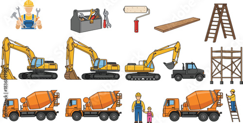 Construction workers, machinery, tools, vehicles, scaffolding, cement mixers, excavators, ladder, teamwork, safety, child, site equipment, vector illustration