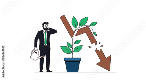 Businessman waters plant growing through broken downward trending graph, symbolizing hope and recovery