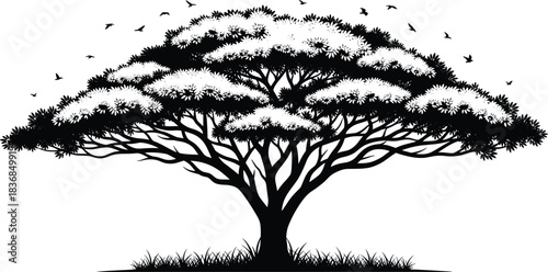 Elegant lone tree silhouette vector illustration featuring detailed branches, dense foliage, flying birds, and natural landscape elements for nature artwork, outdoor scenery, and design themes