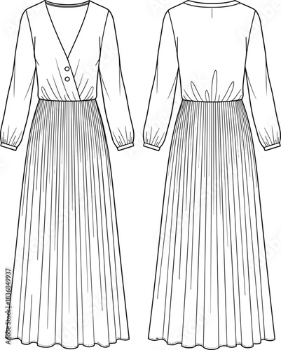Elegant long-sleeve pleated maxi dress technical CAD sketch with detailed front and back flat vector illustration for fashion design content