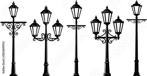 Elegant vintage street lamp silhouettes set featuring ornate decorative metalwork designs, classic urban lantern shapes, and retro outdoor lighting elements for vector illustration content