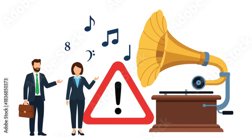 Business professionals discussing potential risks near vintage music player and warning sign
