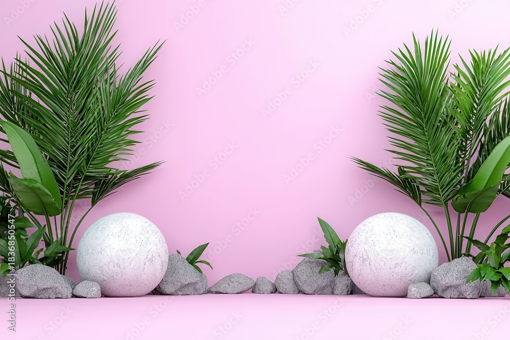 Obraz premium Speckled White Spheres and Tropical Plants on Pink Background