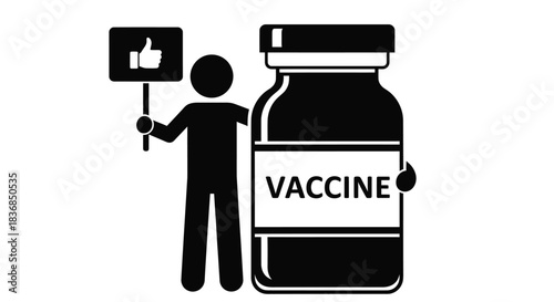 Person holding a thumbs up sign next to a large vaccine bottle, representing approval and support for vaccination.