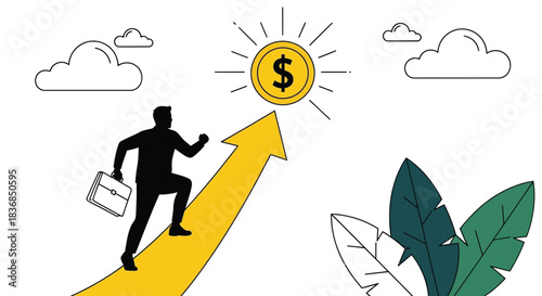 Silhouette of determined businessman climbing upward arrow towards shining dollar coin, symbolizing financial growth and success.