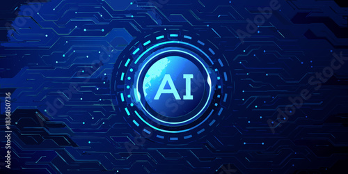 Artificial intelligence concept with circuit board and globe in blue tones