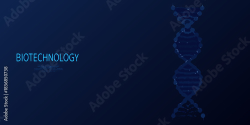 Abstract dna strand illustration on dark blue background with biotechnology text