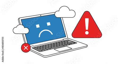 Sad laptop screen with error symbols and clouds, indicating a system failure or warning.