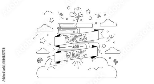 Stack of books with banner reading "Books are Magic", surrounded by clouds and stars, conveying wonder and imagination.