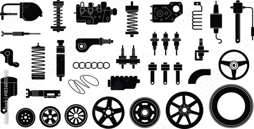 Black Silhouette Collection of Car Parts and Wheels Keywords: car, auto, vehicle, part