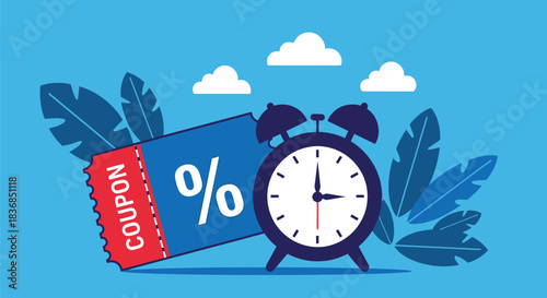 Limited time offer coupon with alarm clock symbolizing urgency and savings