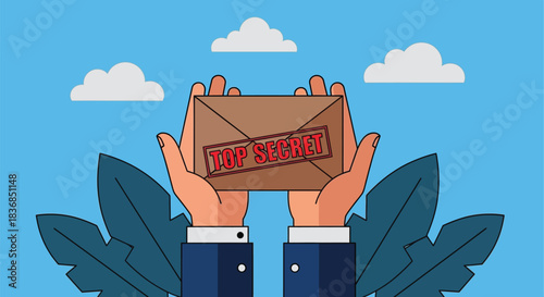 Hands holding a confidential envelope sealed with a 'Top Secret' stamp, suggesting important information or a hidden message.