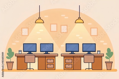 Modern professional office workspace with multiple empty desks and computers for productive work