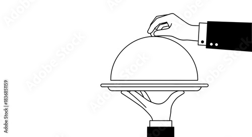 Hand in suit lifting cloche to reveal surprise meal on serving tray