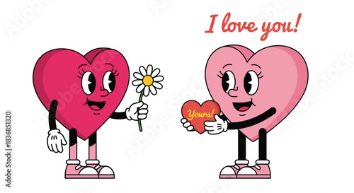 Charming cartoon hearts express love with a flower and a sweet message.