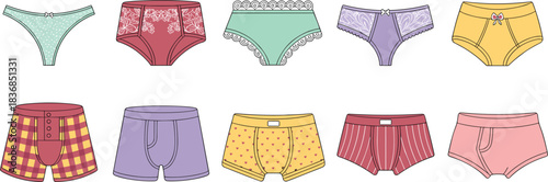 Collection of colorful cartoon style underwear for men and women lingerie briefs