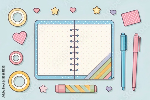 Neatly organized flat lay of an open planner surrounded by colorful cute stationery items