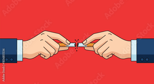Hands break a cigarette in half, symbolizing quitting smoking and healthy choice.