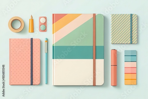 Neatly arranged collection of colorful minimalist office supplies and personal organizers