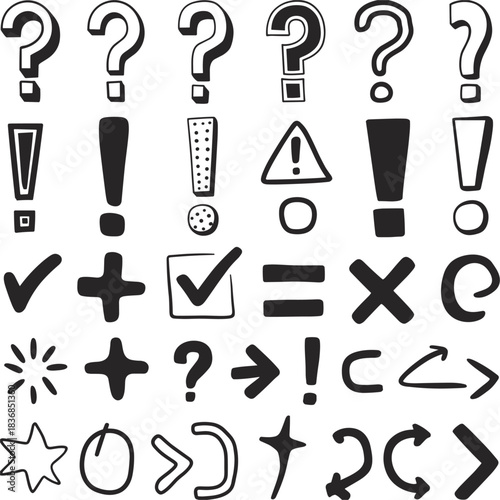 Collection of hand drawn punctuation marks and symbols in black and white question mark