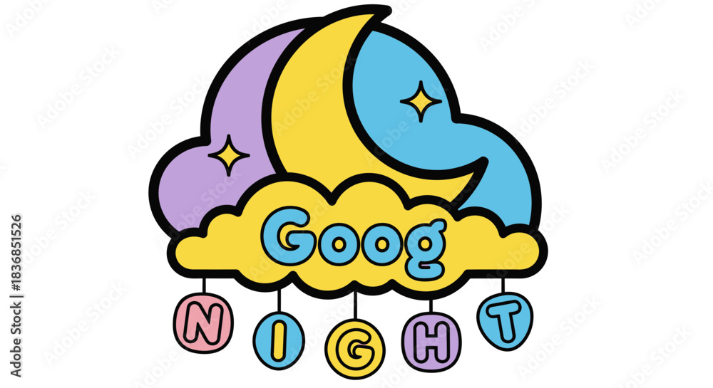 Obraz premium Whimsical night sky illustration with crescent moon, stars, and clouds spelling out 