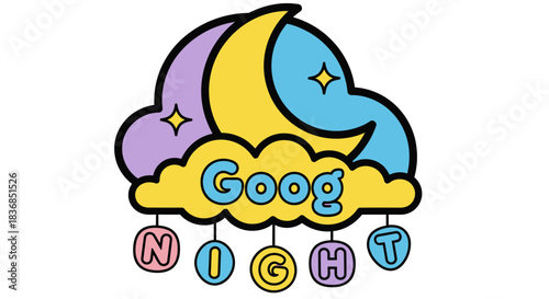 Whimsical night sky illustration with crescent moon, stars, and clouds spelling out "Night"