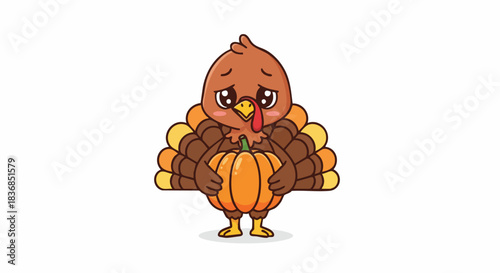 A cartoon turkey with an orange and brown plumage stands on a white background with a slight shadow underfoot.