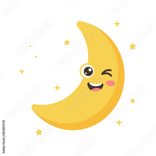 Cute cartoon crescent moon winking face surrounded by sparkling stars vector illustration for good night sleep design