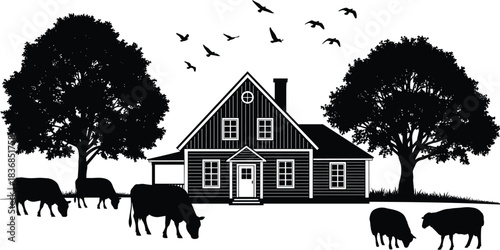 Peaceful rural farmhouse scene with grazing cattle and sheep, large trees, flying birds, and detailed countryside landscape silhouette vector illustration for nature design