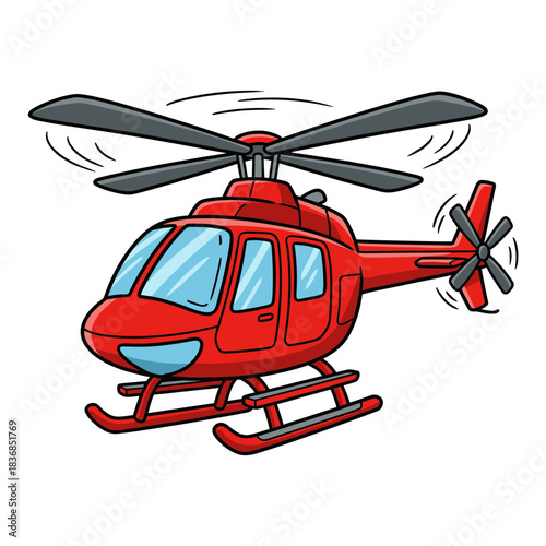 Cartoon red emergency rescue helicopter flying vector illustration for transportation, air travel, and kids design