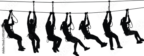 People on High Ropes Course Black Silhouette Vector Set, Men and Women Zip Lining or Traversing a Ropes Challenge, Outdoor Adventure Graphic for Team Building, Activity, or Tourism Design.