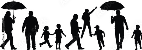 People Walking with Umbrellas Black Silhouette Vector Set, Adults and Children Figures on a Rainy Day, Detailed Graphic for Weather, Family, Protection, or Outdoor Activity Design Content.