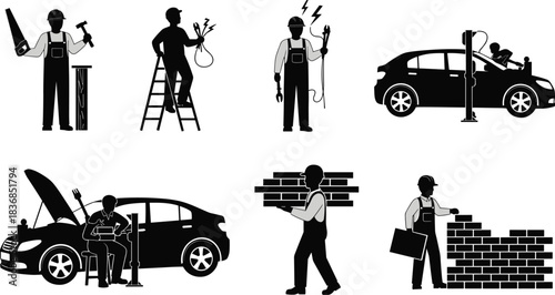 Silhouette workers in construction, electrical, automotive, and fuel service roles performing tasks, teamwork, safety, and labor activities in black vector style.