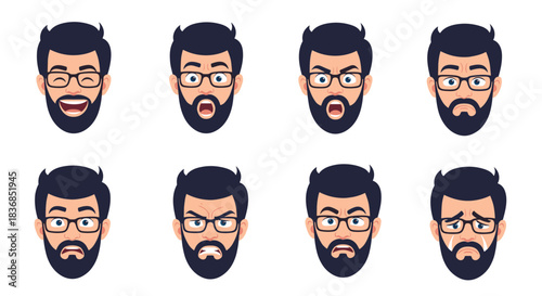 A collection of a bearded man's diverse facial expressions and emotions, from happiness and surprise to anger and sadness, in a cartoon vector style.