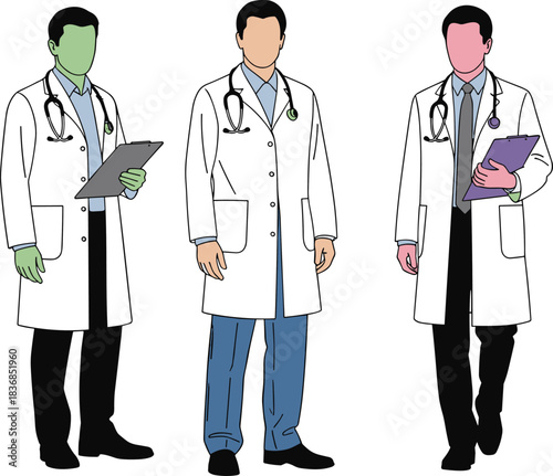 Three professional male doctors standing confidently with medical clipboards and stethoscopes, representing modern healthcare team and clinical expertise in vector illustrationv