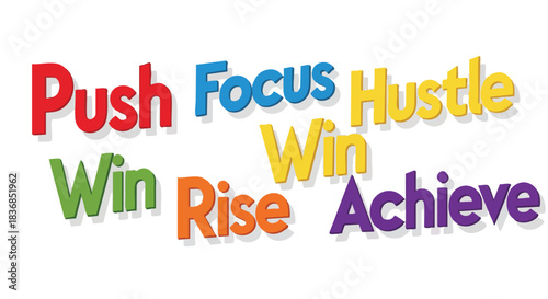 A colorful flat lay of motivational words on a white background with a vibrant and uplifting mood.